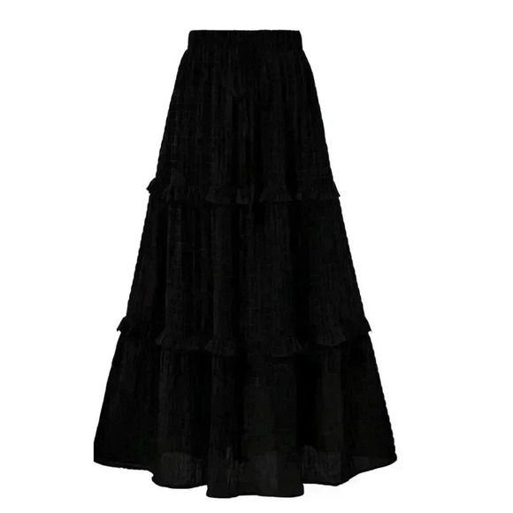 Elegant Black Tiered Maxi Skirt with Ruffle Details - Perfect for Boho Casual Xl - Picture 2 of 11